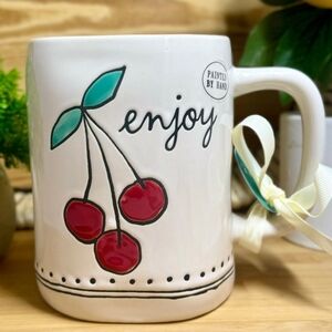 Rae Dunn White Mug with Red Cherries and Green Leaves